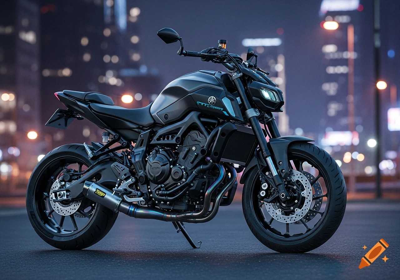 A dark grey Yamaha MT-07 motorcycle with blue accents and a Yoshimura exhaust, parked on asphalt against a blurry city nightscape.