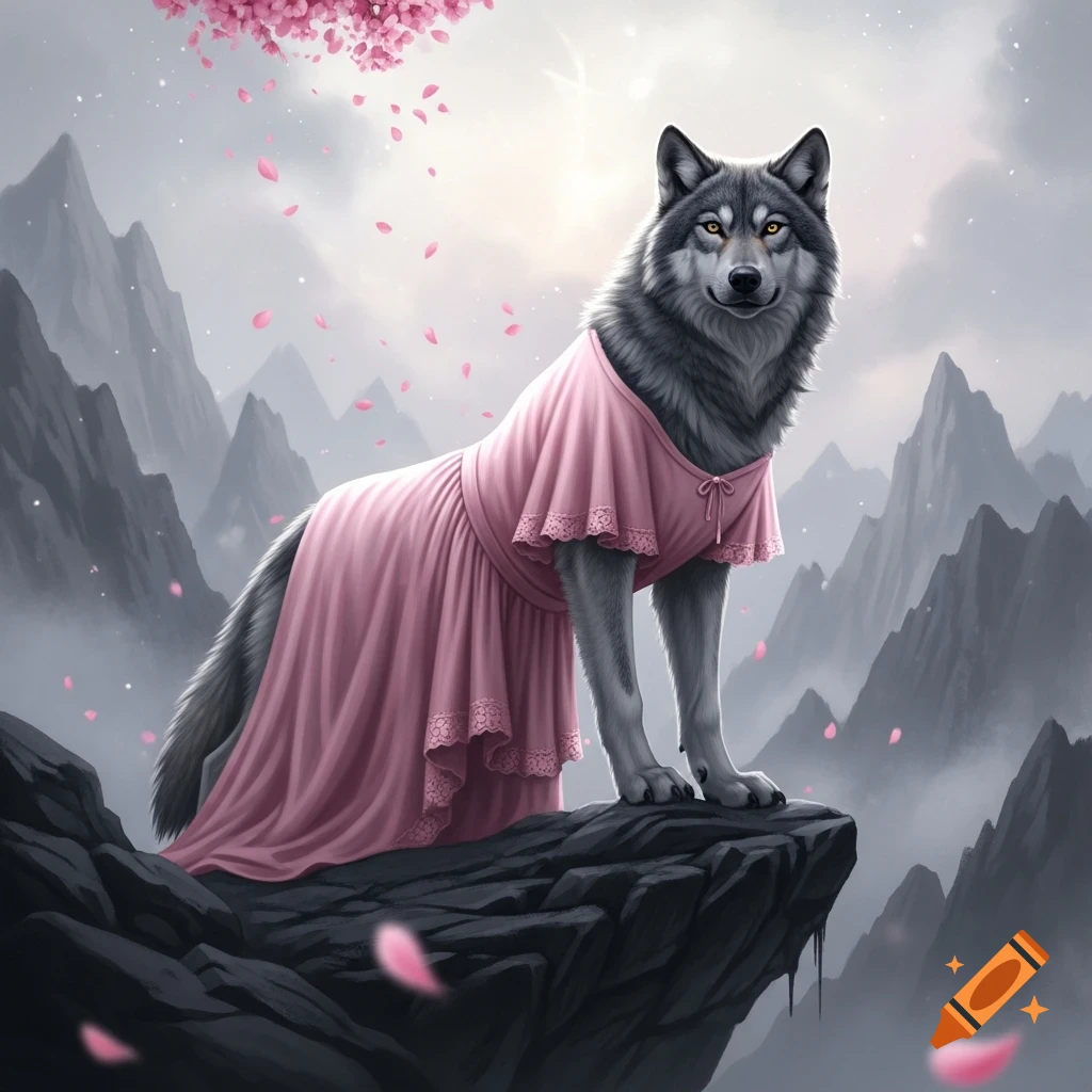 A stylized gray wolf wearing a pink dress stands on a cliff edge amidst misty mountains with falling pink petals.