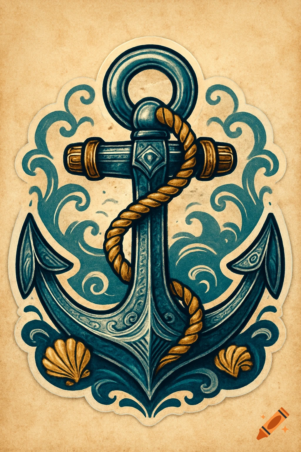 A vintage-style illustration of a blue anchor with a golden rope, surrounded by teal waves and golden seashells, on a textured beige background.