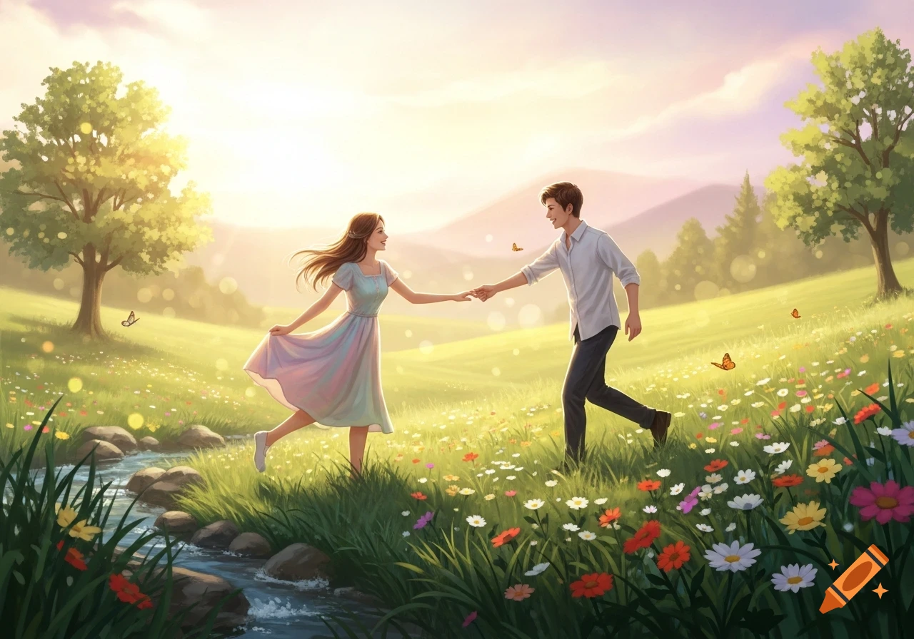 Joyful couple holding hands and running through a vibrant, sunny meadow ...