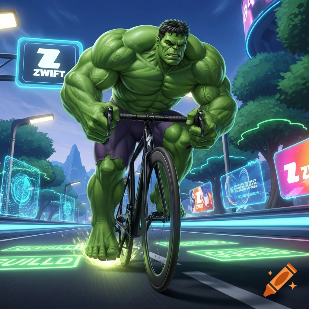 The Hulk rides a racing bicycle through a futuristic virtual world at night, with glowing signs and projections along the road.