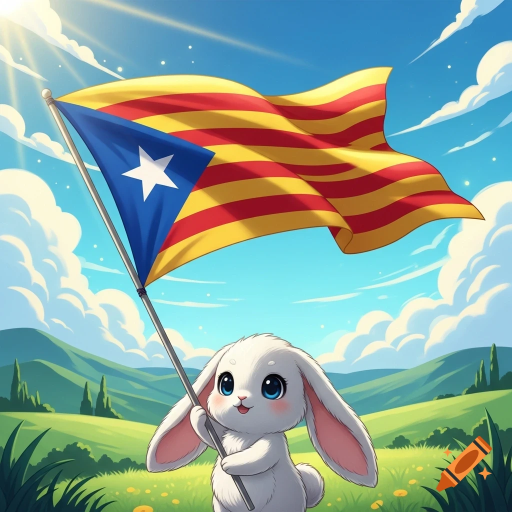 A cute anime bunny with big blue eyes holds a Catalan flag in a sunny, green field.