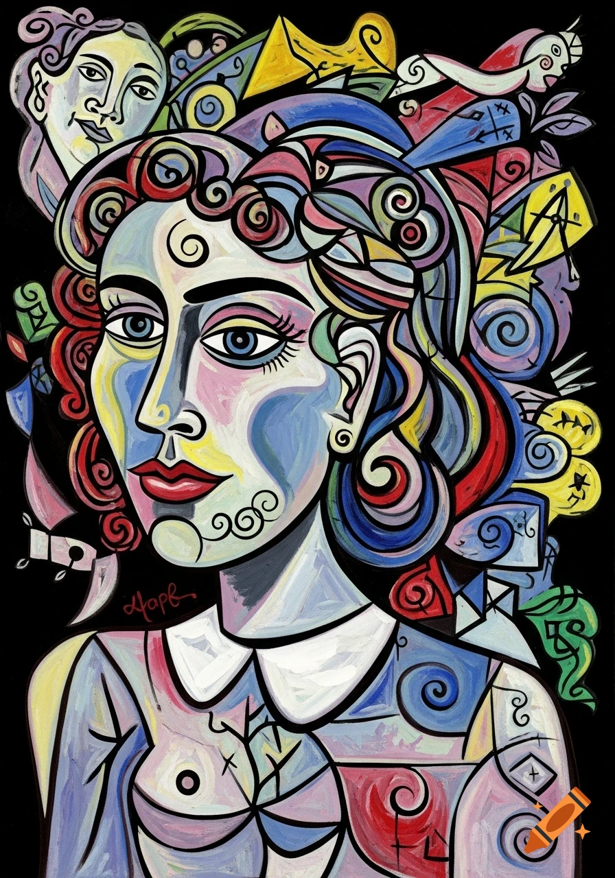 Cubist-style abstract portrait of a woman with vibrant colors, bold outlines, and distorted features against a black background.