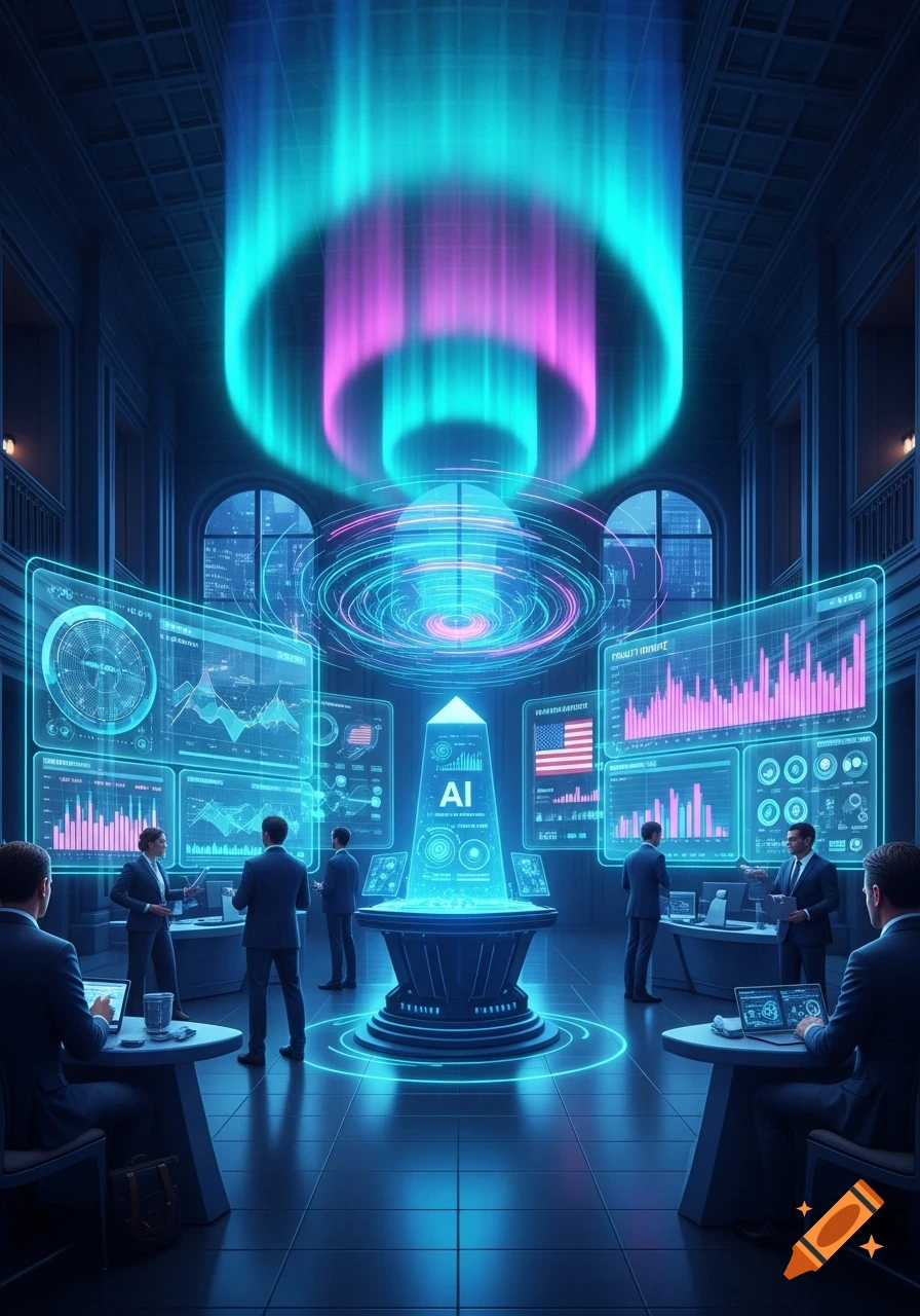 Men and a woman in suits in a futuristic command center with glowing holographic screens displaying data and a central AI pillar under a pulsing light.