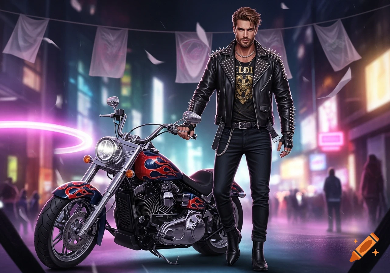 A handsome man in a studded leather jacket and chains stands next to a flame-painted motorcycle on a neon city street in a fantasy style.