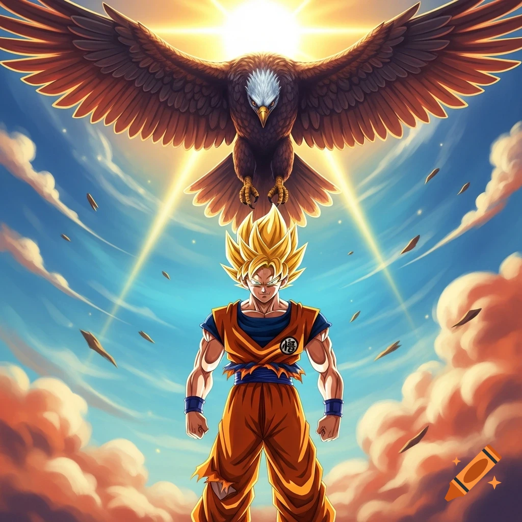 Son Goku, a blonde anime character in an orange gi, stands under a majestic bald eagle with spread wings and a bright sun in a vibrant sky with clouds.