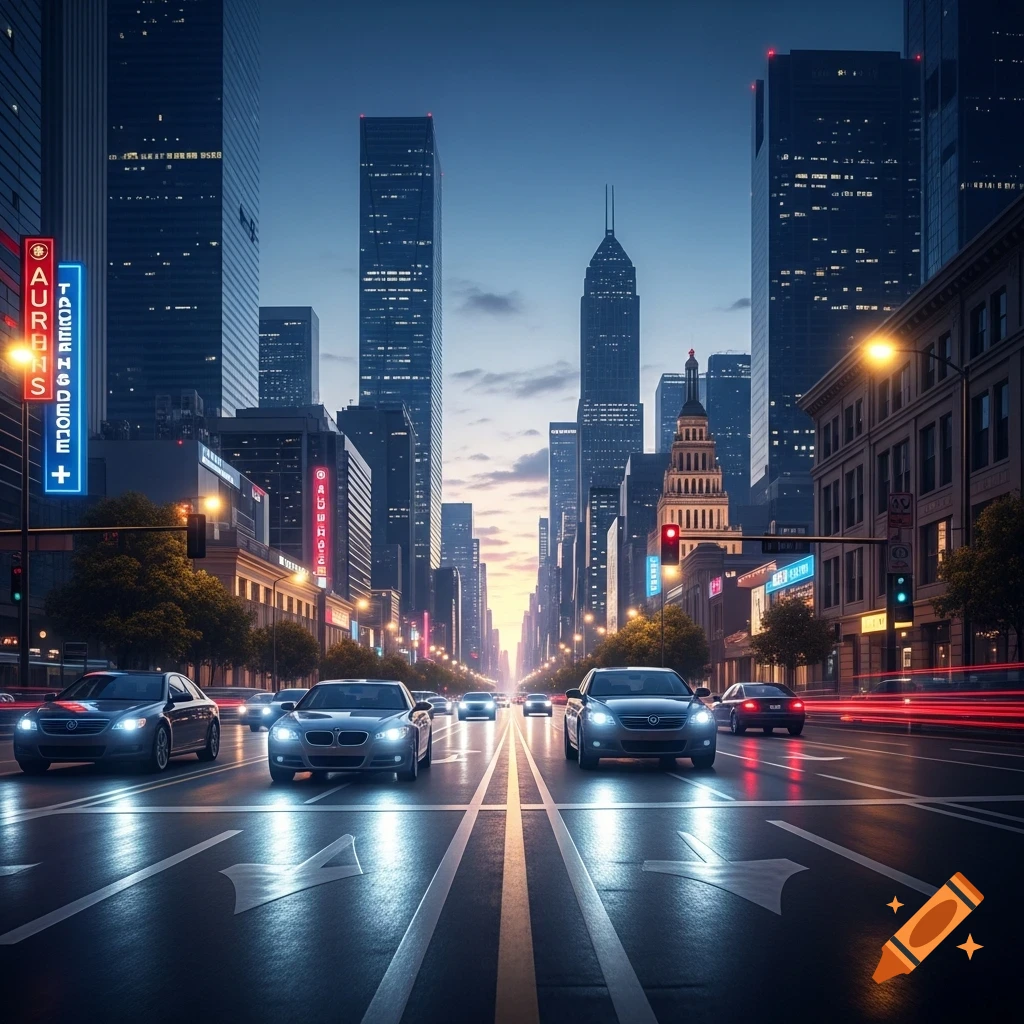 Photorealistic street view of cars driving through a city at dusk, with towering skyscrapers and glowing neon signs and light trails.