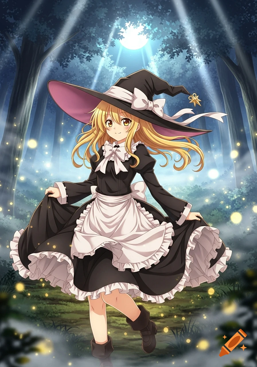 A cheerful anime witch with blonde hair, wearing a black dress and a large hat, stands in a moonlit forest with glowing orbs.