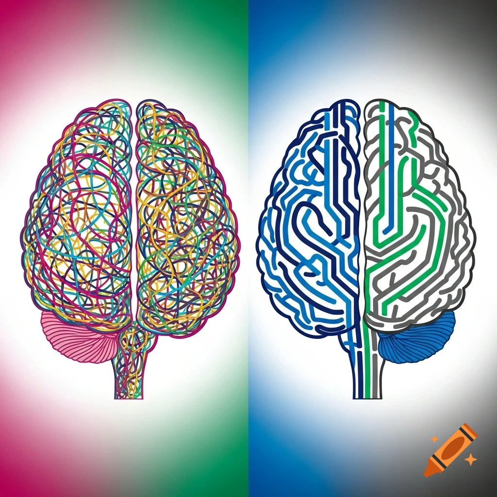 Two stylized brain halves; left with colorful tangled lines, right with blue and green circuit patterns, on a split color background.