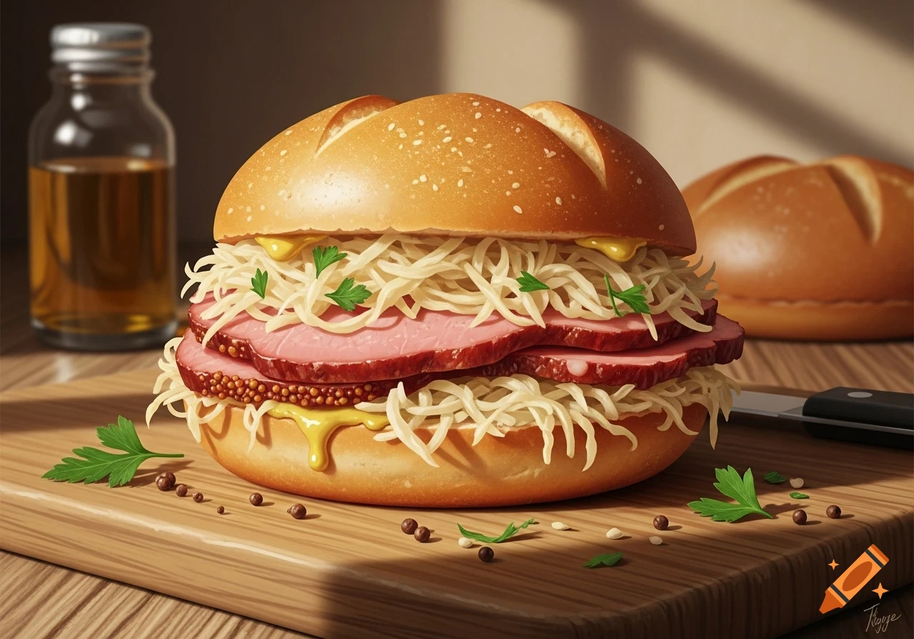 A photorealistic sandwich with sliced smoked pork, sauerkraut, mustard, and parsley on a sesame bun, on a wooden board.