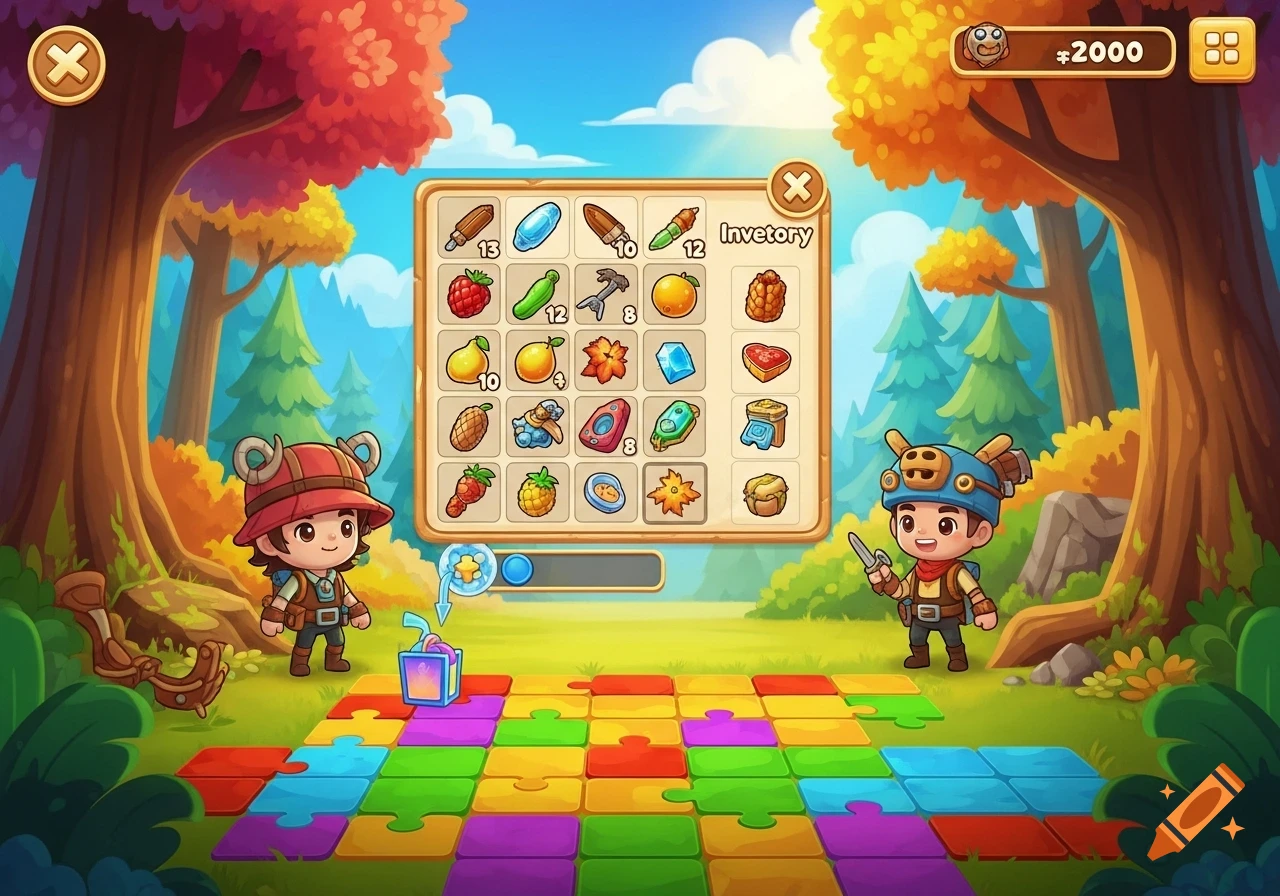Cartoon game UI in a forest with two chibi characters, an inventory panel displaying various items, and a colorful puzzle grid on the ground.