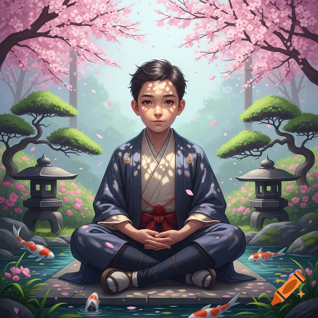 An illustrated boy sits cross-legged meditating in a vibrant Japanese garden with cherry blossoms and koi fish.