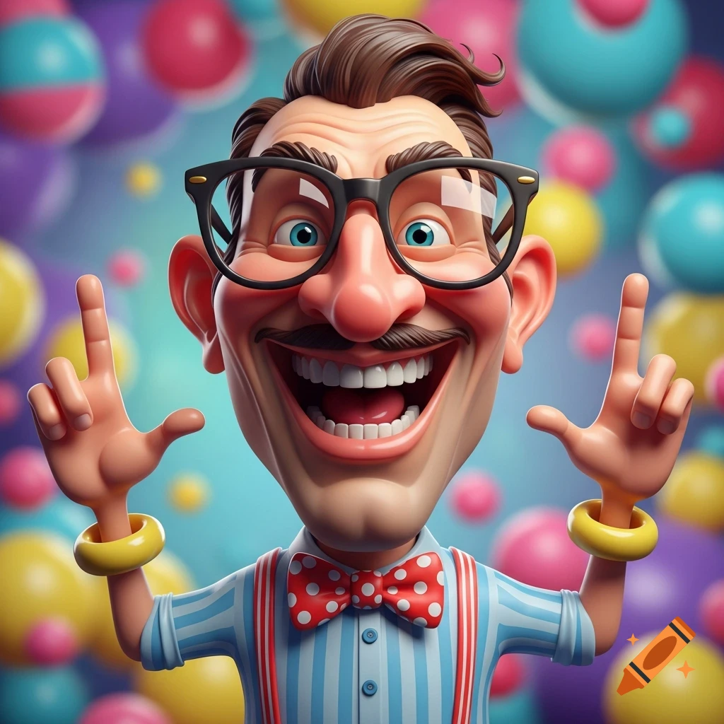A smiling 3D cartoon caricature of a man with glasses, mustache, striped shirt, and suspenders, with colorful spheres in the background.