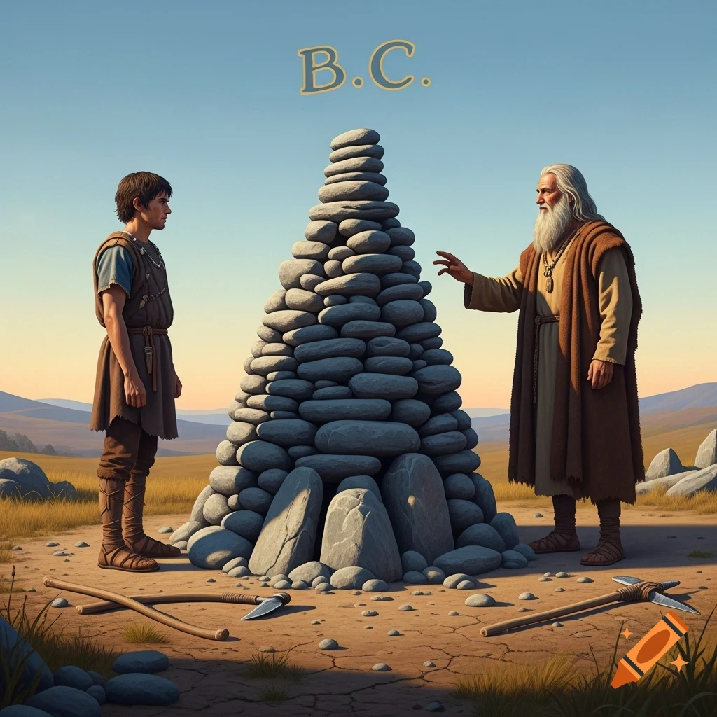 A young man and an older bearded man stand on opposite sides of a large pile of stones in an arid outdoor landscape, with tools on the ground.