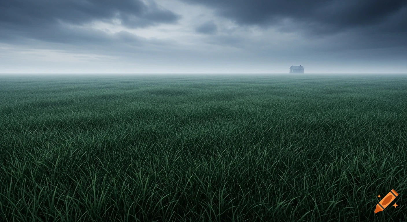 A vast green grassland under a dark, cloudy sky with a solitary house in the misty distance, evoking an eerie, surreal mood.