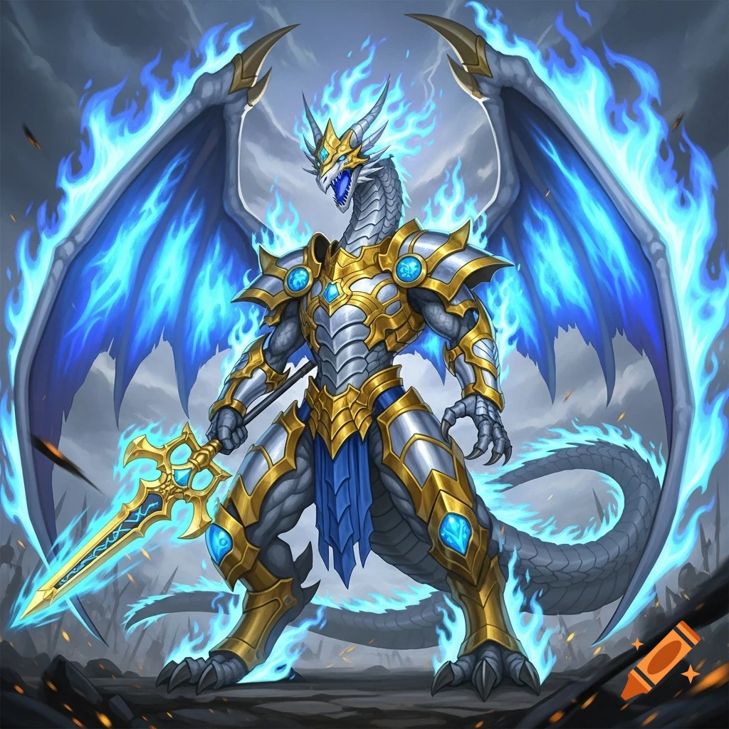 A bipedal white dragon in golden and silver armor, with flaming blue wings and a glowing golden lance, in Yu-Gi-Oh art style.