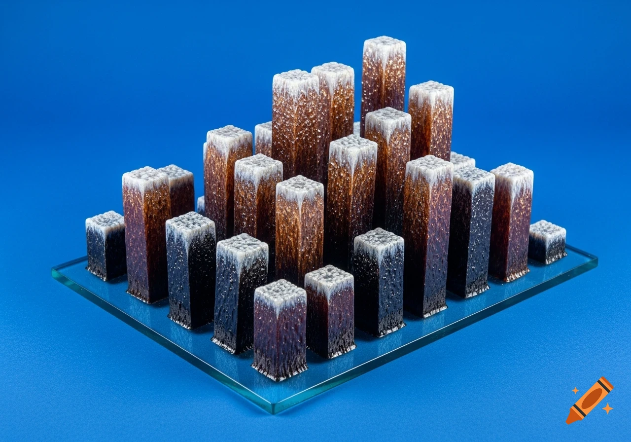 A photorealistic sculpture of square glass columns, graduating from dark to brown to white, on a clear glass sheet against a blue background.