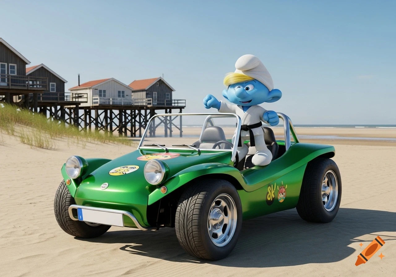 A Karate Smurf in a green metallic dune buggy with stickers drives on a sandy beach under a clear sky, with stilt houses in the background.