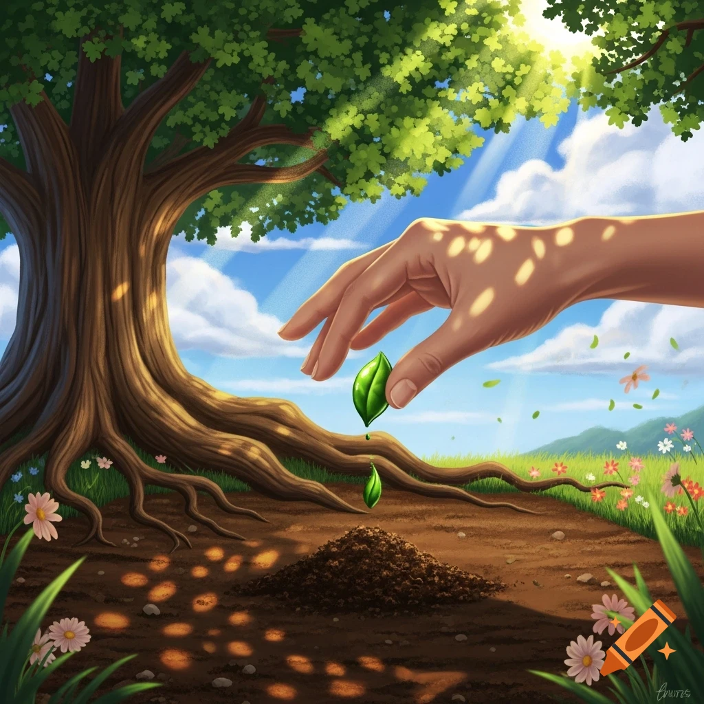 An illustrated hand gently drops a green leaf into a mound of soil next to a large, gnarled tree under a sunny sky.