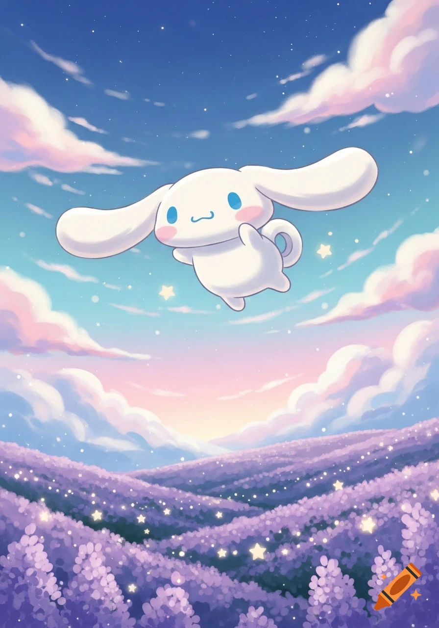 Cute Cinnamoroll floats over a dreamy lavender field with glowing stars under a pink and blue sky in anime style.