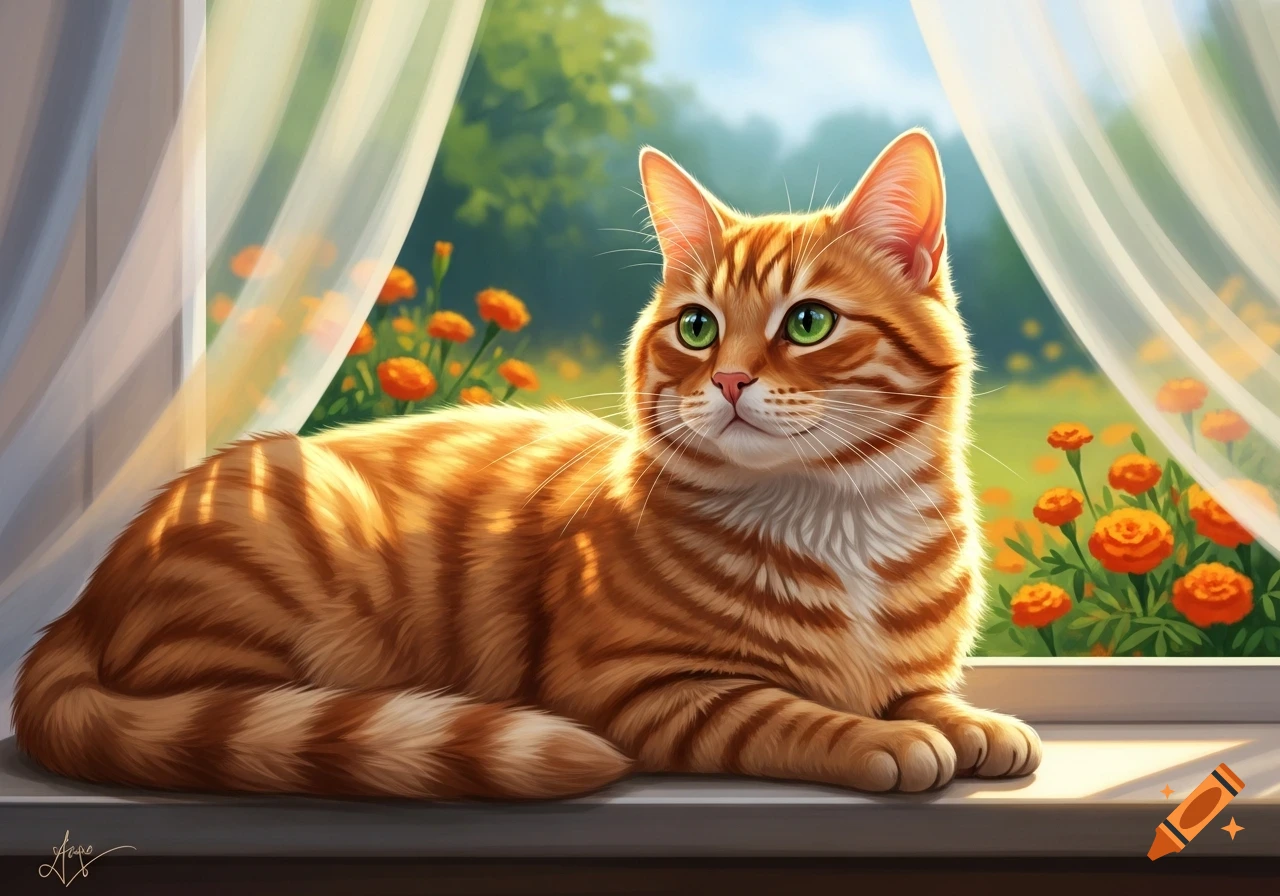 An orange tabby cat with green eyes lies on a sunlit windowsill, gazing ...