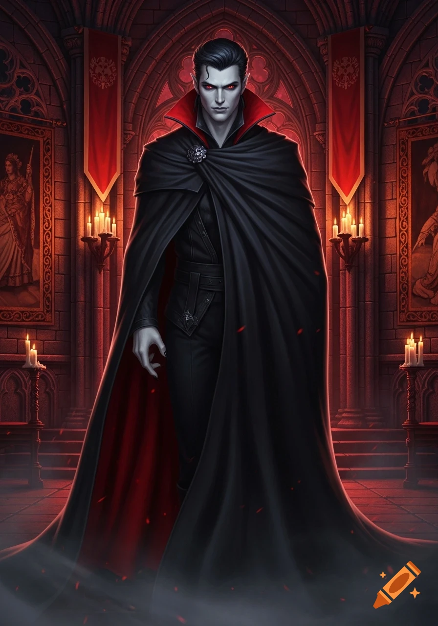 A pale male vampire with red eyes and pointed ears stands in a dark gothic hall, wearing a black cape with a red lining.
