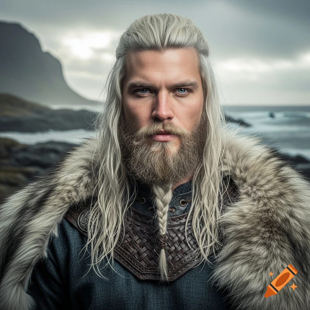 A man with long white hair, a beard, and blue eyes, wearing a fur cloak and leather armor, stands before a cloudy, rocky coast.