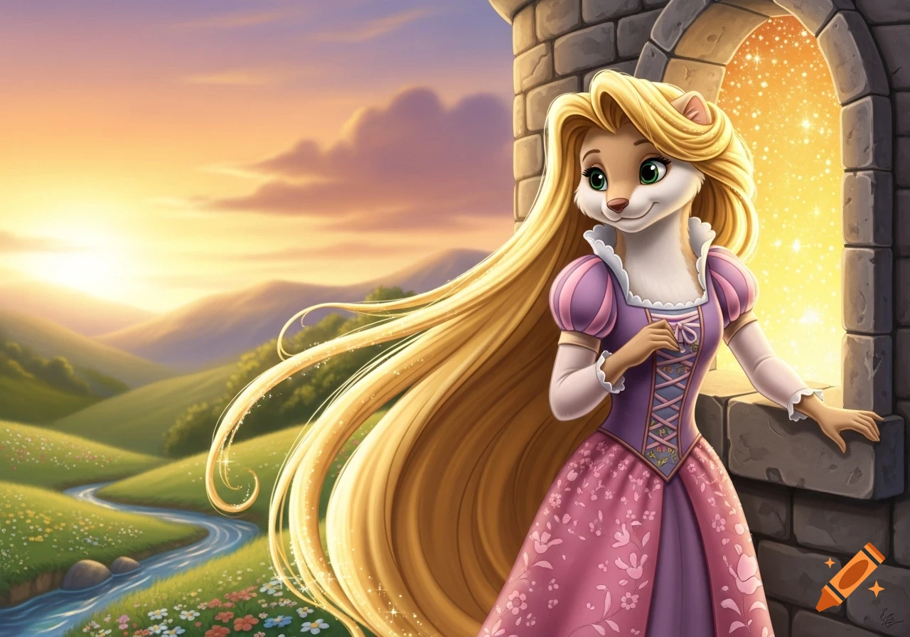 A cartoon anthropomorphic weasel with long blonde hair, dressed as Rapunzel, looks out from a tower window over a sunlit fairytale landscape.