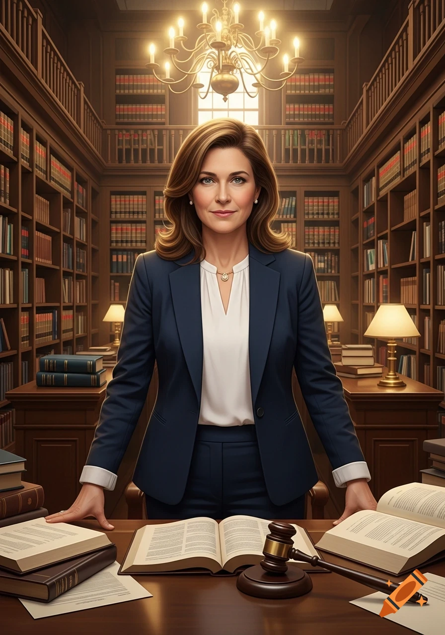 A professional woman in a suit stands behind a desk with open books and a gavel in a grand library.
