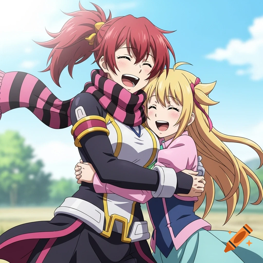 Anime illustration of two smiling girls, Yoko Littner and Nia Teppelin from Gurren Lagann, hugging outdoors.