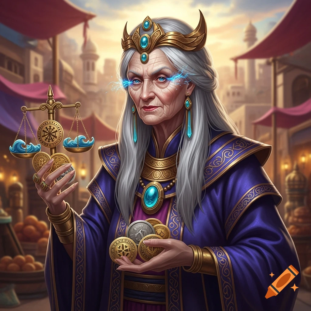 An old, regal woman with a crown and long white hair, her eyes glowing with blue energy, holds gold and silver coins and a scale in a bustling marketplace.