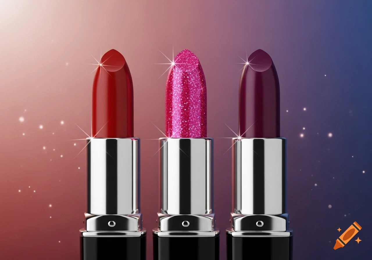 Three sleek lipsticks in red, glitter pink, and deep plum colors, lined up against a sparkling gradient background.
