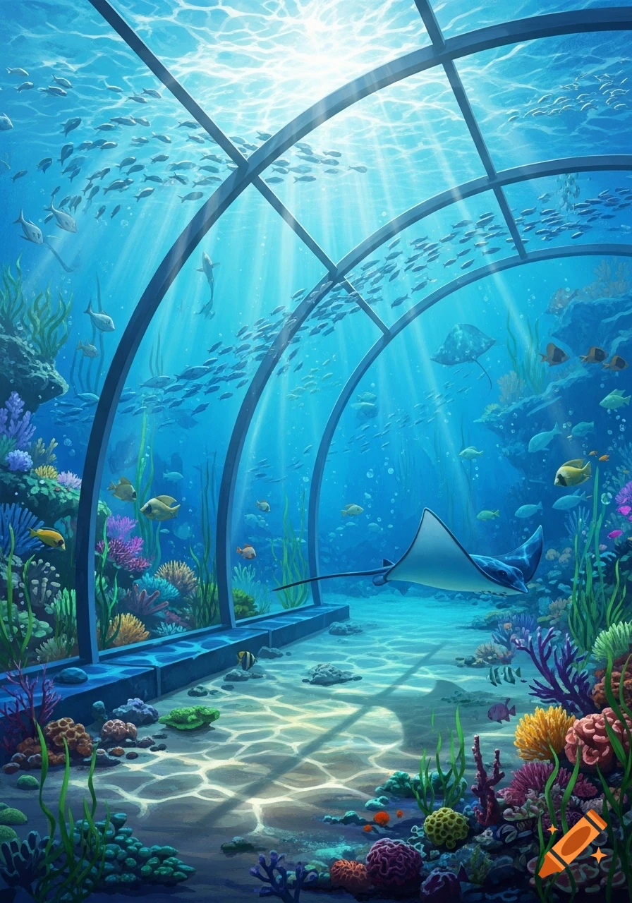 Vibrant animated illustration of an underwater aquarium tunnel filled with colorful coral, swimming fish, and a graceful stingray.