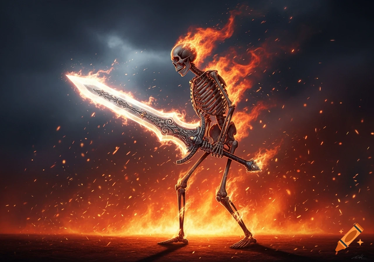 A blazing skeleton warrior holding a glowing, ornate sword, standing in a fiery landscape under a dark sky.