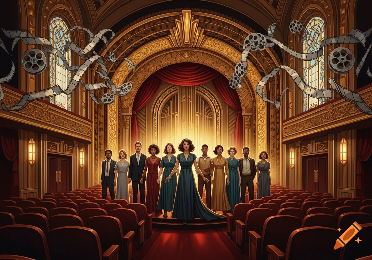 A diverse group of people stand on stage in a grand, ornate Art Deco cinema with film strips floating above the audience seats.