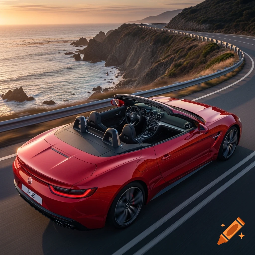 A red convertible sports car drives on a winding coastal road at sunset, with an ocean view on the left.