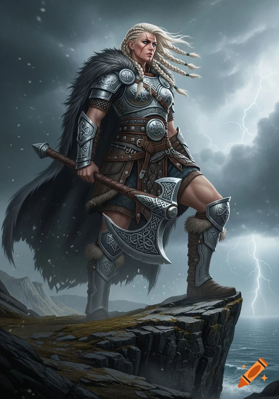 A blonde female Viking warrior in detailed silver armor and fur cape stands on a rocky cliff with an axe, stormy sea and lightning behind her.