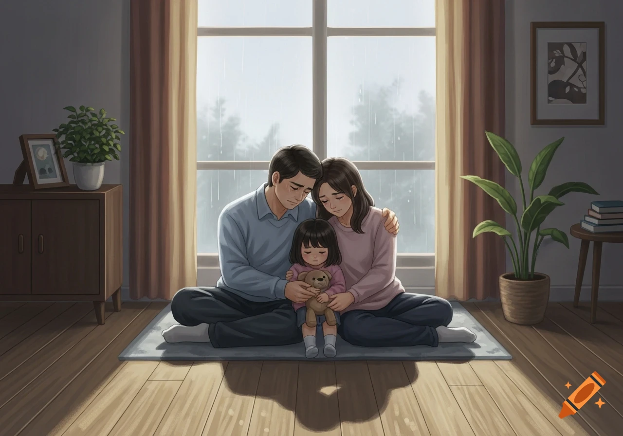 A sad family (mother, father, child with teddy bear) sits embraced on a rug in front of a window during rain, illustrated.