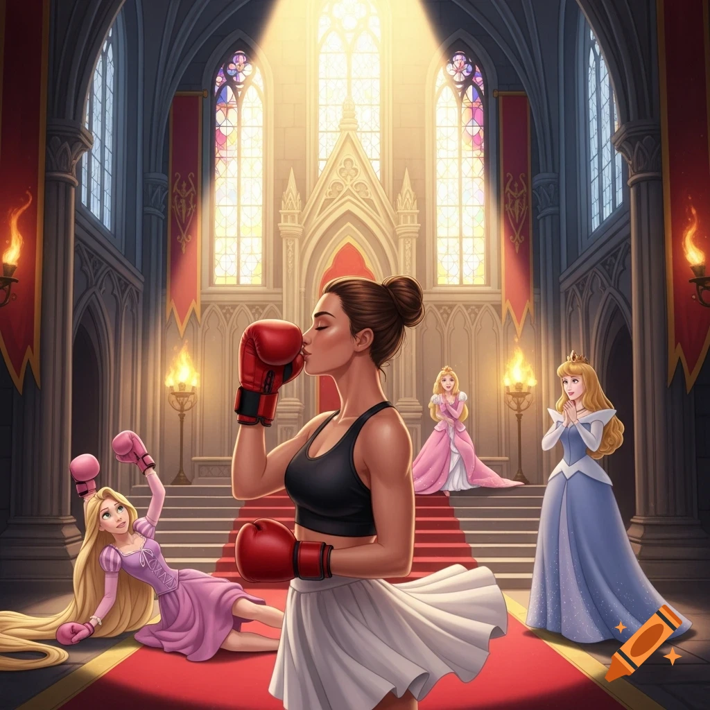 Illustrated female boxer kisses her glove in a medieval castle as Rapunzel lies passed out and Aurora looks on in shock.