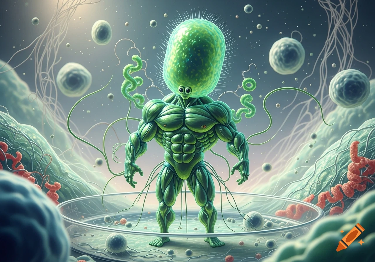 A muscular, green, alien-like bacteria creature with a large head and tentacles, standing in a petri dish in a microscopic environment.