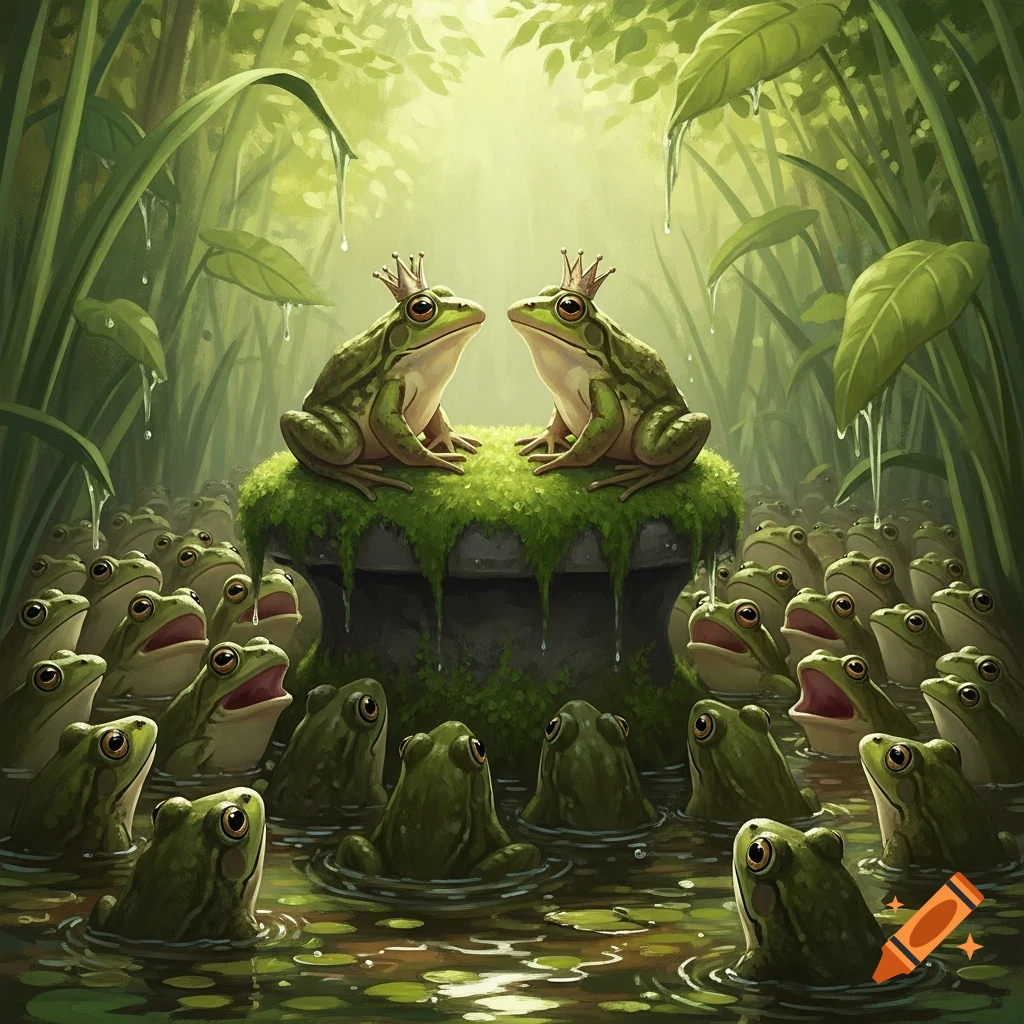 An impressionist painting depicts two crowned frogs on a mossy mound, surrounded by a crowd of other frogs in a lush green swamp.