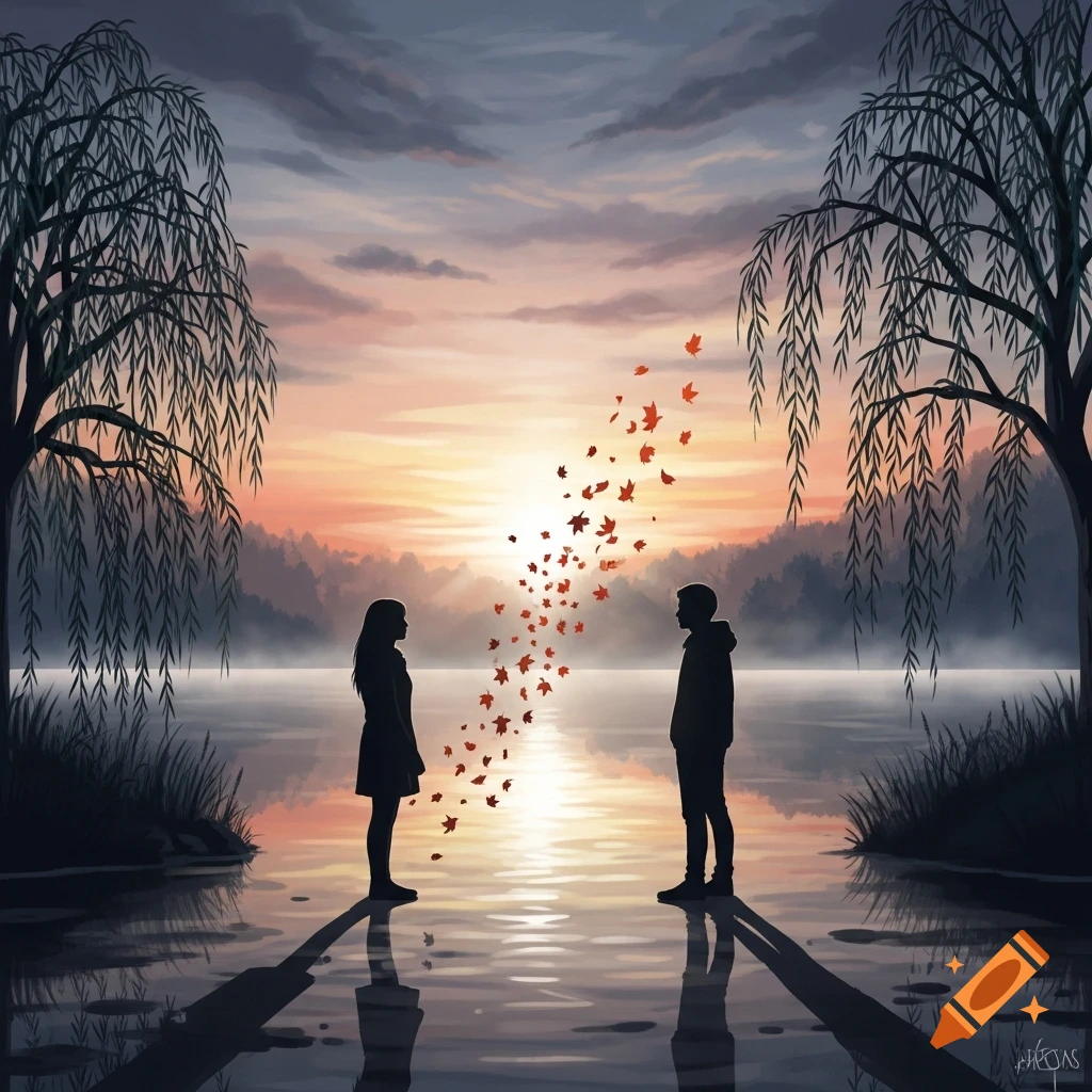 Digital illustration of two silhouettes by a lake at sunset, with autumn leaves flowing between them and willow trees.