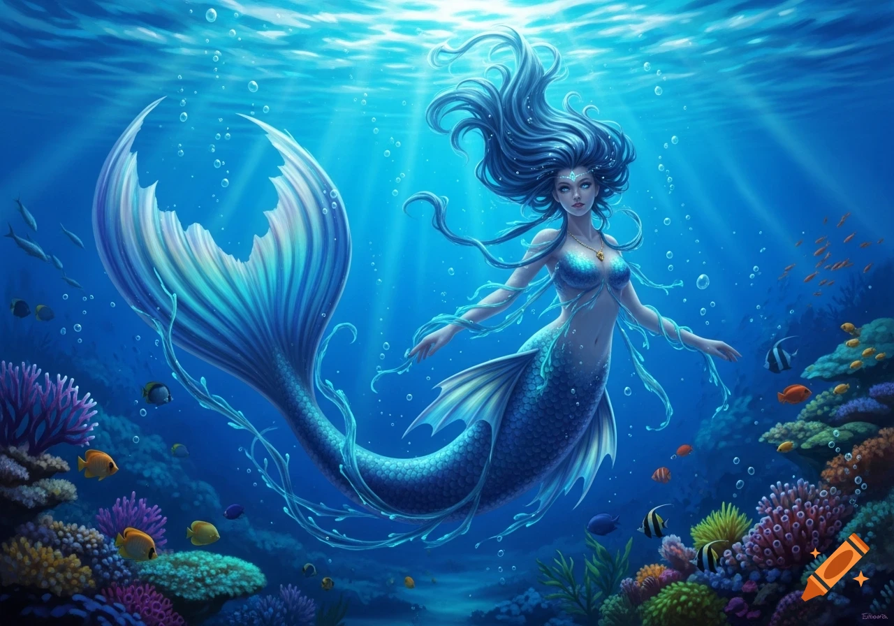 A beautiful blue mermaid with flowing dark hair and a shimmering tail swims underwater among colorful coral and fish with sunlight.