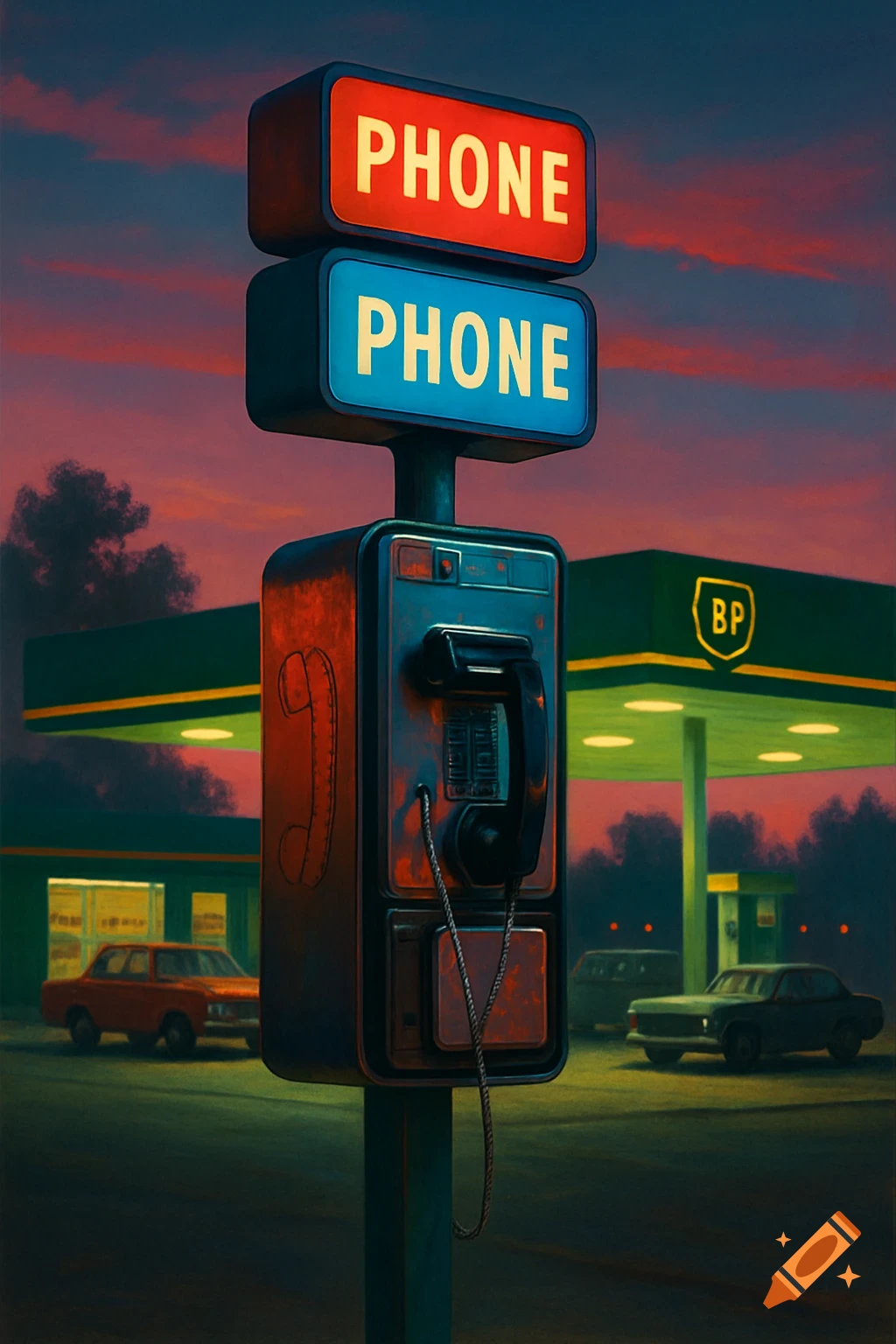 A stylized illustration of an American-style payphone with two 'PHONE' signs on a pole at a BP gas station during sunset.