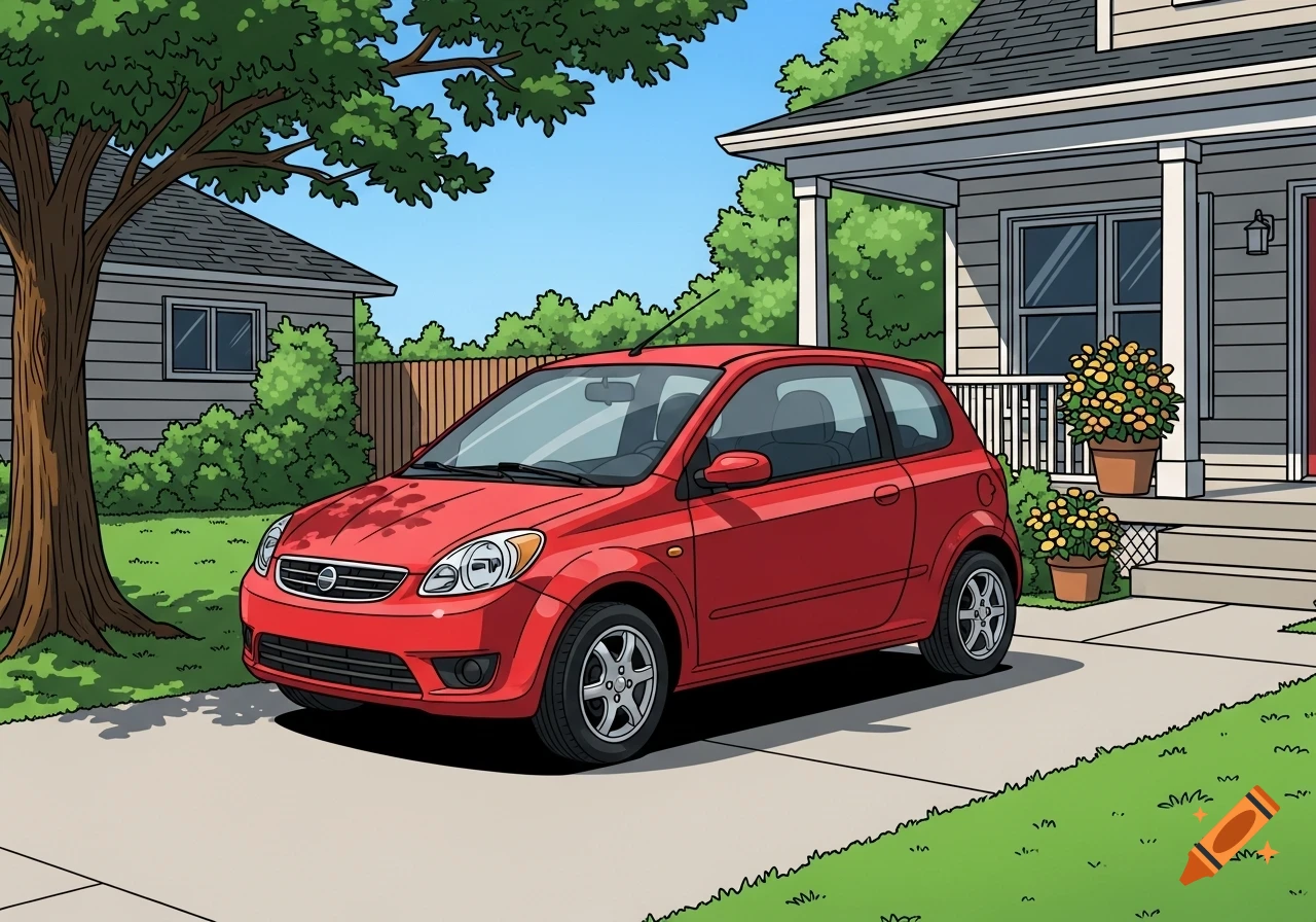 A brilliant red small car parked on a driveway in front of a comic-style house with potted plants and green lawn under a sunny sky.