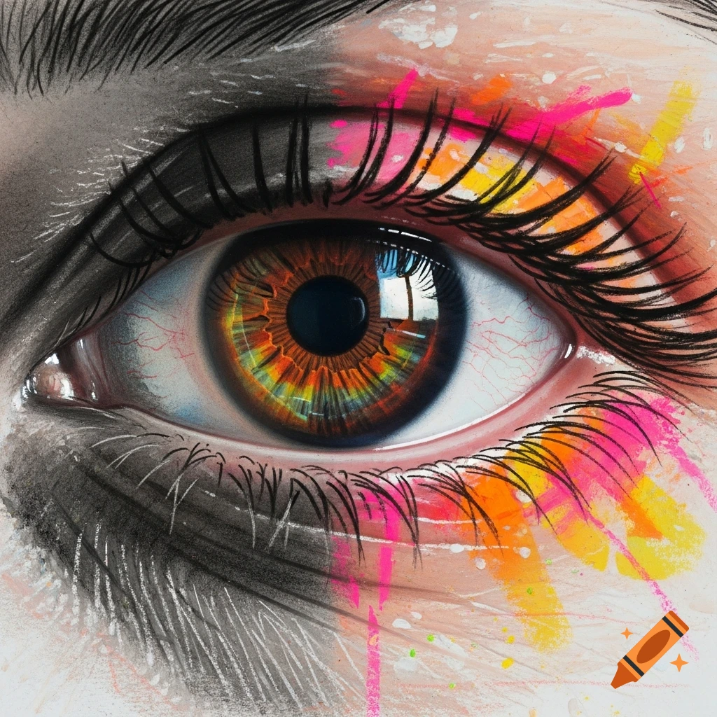 Close-up of an eye with a rainbow iris, half in charcoal and chalk, half in vibrant oil pastels and acrylic paint splashes.