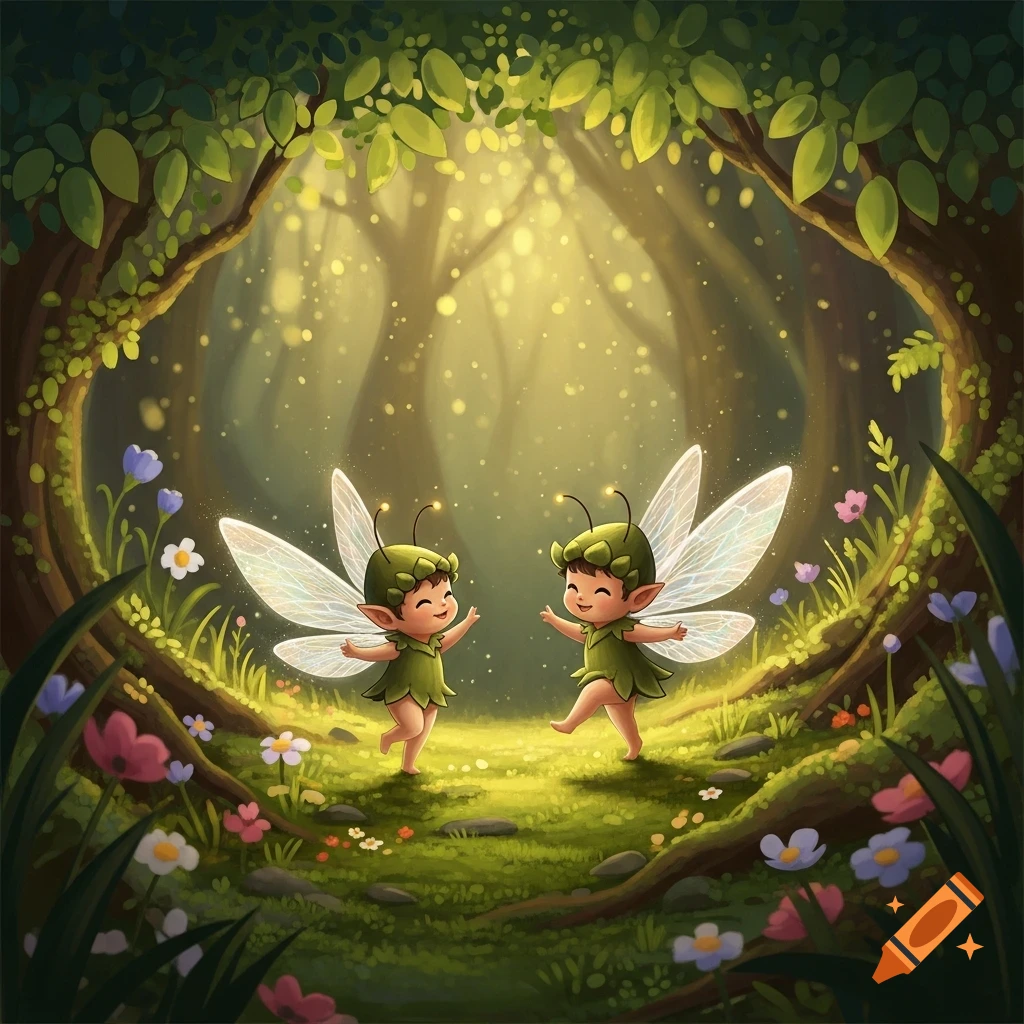 Two cheerful winged fairies in green stand in a magical forest with glowing particles and colorful flowers.