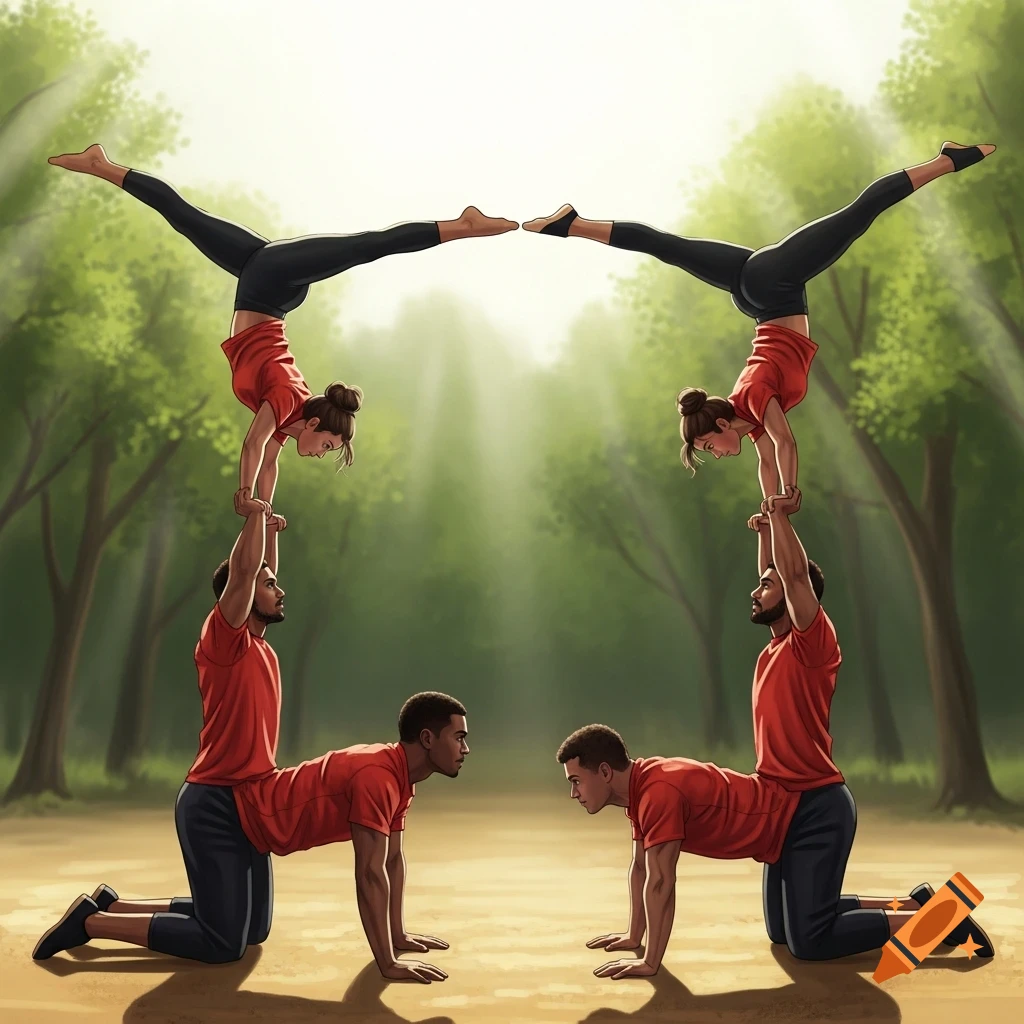 Four people performing acroyoga in a forest clearing, forming a symmetrical tower with two men on all fours, supporting two men standing, who in turn support two women in handstands.