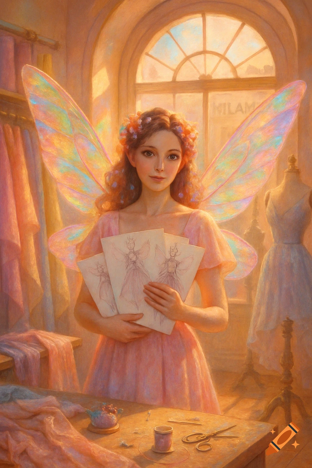 A fairy fashion designer in a pink dress holds sketches of fairy outfits, surrounded by sewing materials in a dreamy studio.