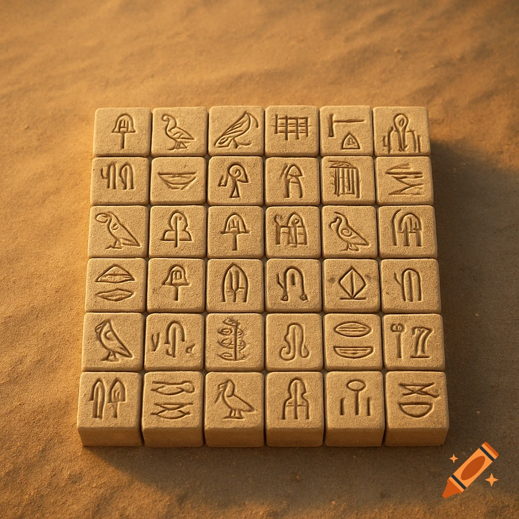 A close-up overhead shot of square, sandy-colored tiles arranged in a grid, each embossed with a different hieroglyphic symbol on a sand background.